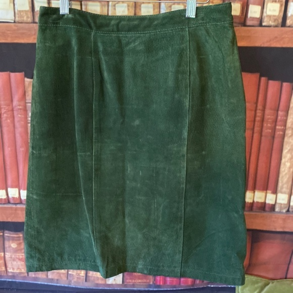 Vintage Forest Green Suede Leather Midi Skirt Snap Front Women’s 13/14
